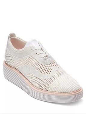 EUC•Cole Haan Grand Platform Stitchlite Oxford Ivory Shimmer Silver Knit•Size 7B